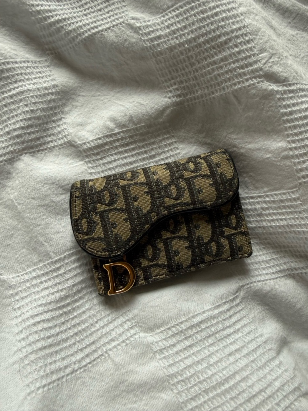 Dior Beige & Navy Saddle Card Holder with Gold 'D' Charm